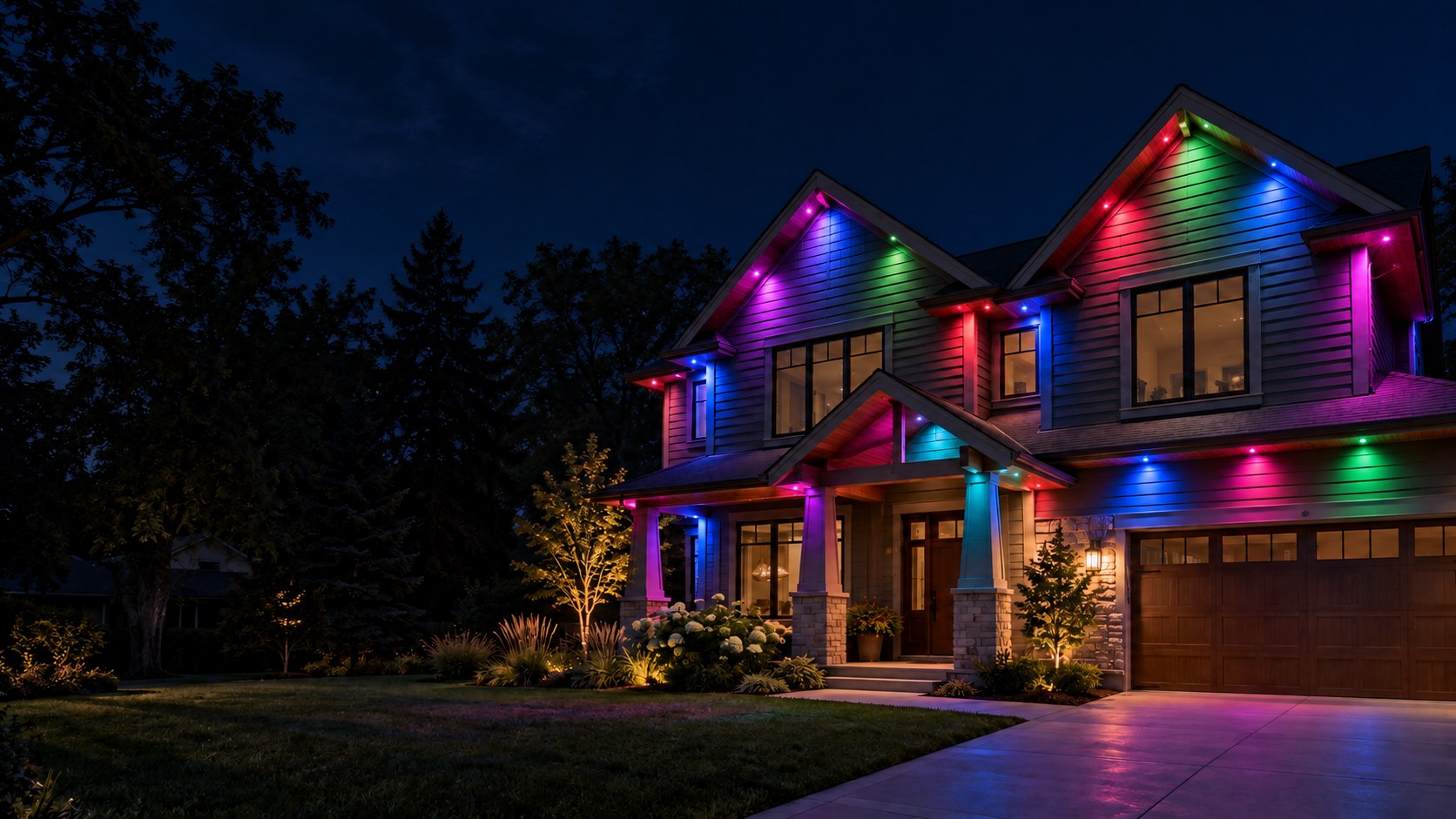 The same home at night in blue, purple, pink, green and red