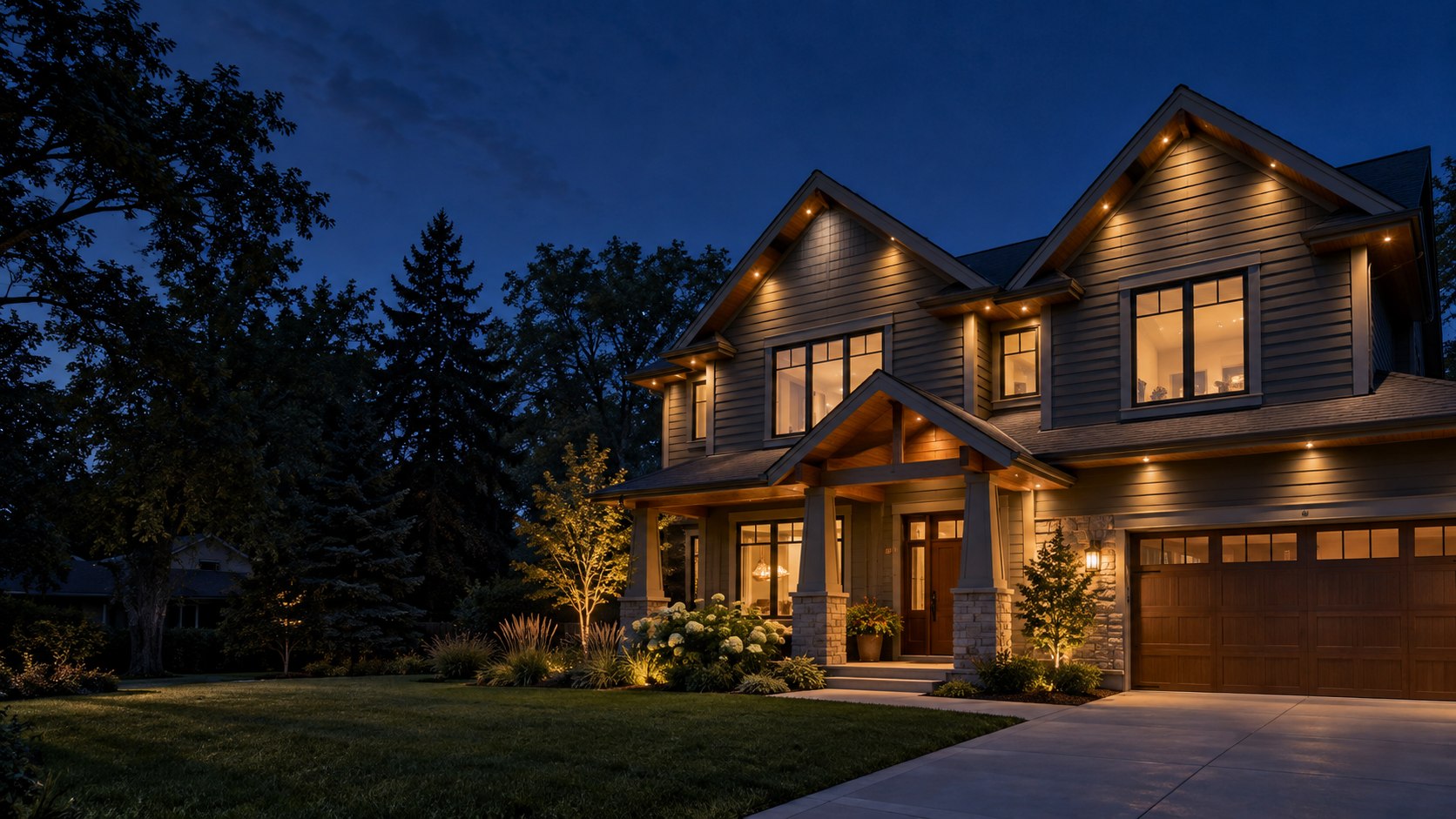 A two-story home at dusk with warm-white lights along the roofline